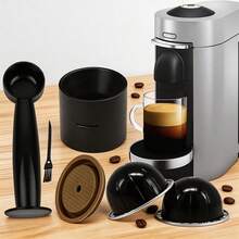 Ensemble de filtre de capsule de café noir réutilisable, comprenant un entonnoir en tissu, une brosse, une cuillère et un couvercle en silicone. Peut être rempli de grains de café et est compatible avec plusieurs modèles de machines à café - Noir - Voir 2