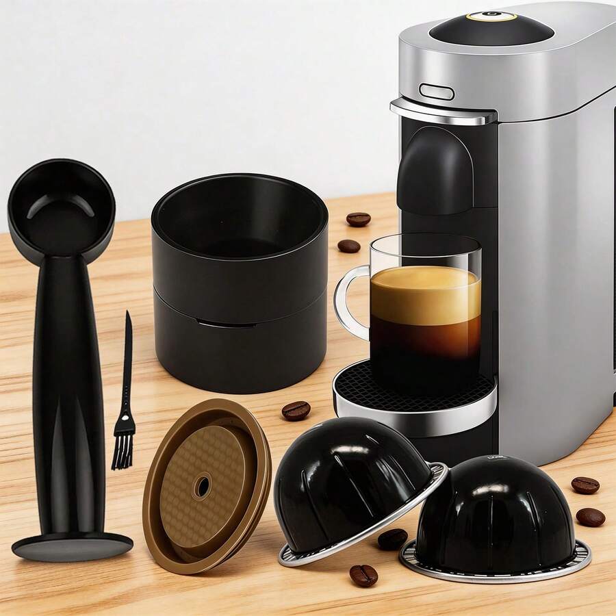 Ensemble de filtre de capsule de café noir réutilisable, comprenant un entonnoir en tissu, une brosse, une cuillère et un couvercle en silicone. Peut être rempli de grains de café et est compatible avec plusieurs modèles de machines à café