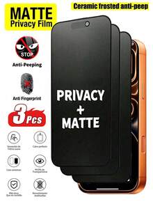 3片装 - 适用于 17 Pro Max的磨砂陶瓷隐私屏幕保护膜。陶瓷材质，防碎防震。隐私功能确保屏幕内容仅正面可见。日常生活、办公和居家必备屏幕保护膜。手机屏幕保护膜，手机配件，隐私保护，防水，防震，防摔，防刮。 - 黑色 - View 10