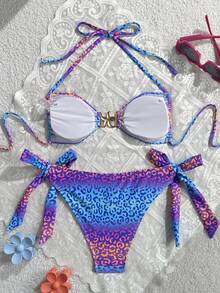 Bộ bikini hai màu thời trang, gợi cảm, họa tiết da báo và sao biển, kiểu buộc dây bên hông, cổ yếm, thích hợp cho nữ, đi biển, tiệc bể bơi và kỳ nghỉ. - Màu xanh lam - Xem 4