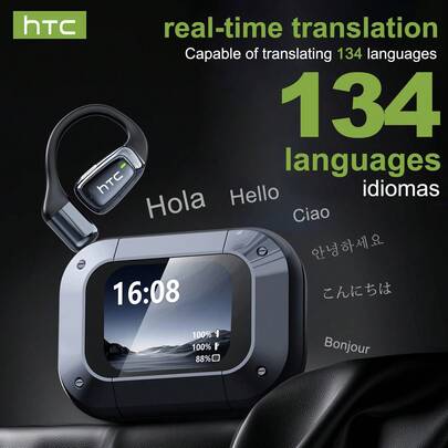  HTC NE25 Wireless Open-Ear Headphones, Wireless V6.0, Low Call Latency, Equipped With Real-Time 134 AI Language Translator - HD LCD Display, 60-Hour Battery Life Charging Case