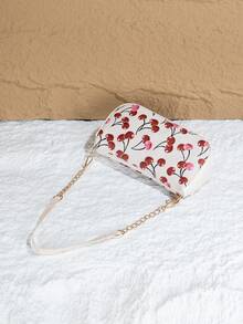 Milky White Cherry Print Underarm Bag, PU Material, Chain Shoulder Strap, Zipper Closure, Sweet & Spicy Style For Spring/Summer - White - View 2