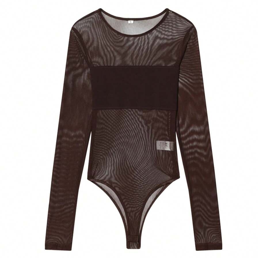 Bodysuits para Mujer, Color Marrón, Sexy, de Malla Transparente, para el Verano 2026, Cuello Redondo, Manga Larga, Transparentes, para Fiestas y Clubes - Marrón - Ver 1