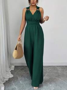 Plus Women's Halter Neck Wide Leg Jumpsuit, V-Neck Backless Crisscross Tie Waist Romper, Sleeveless Loose Fit, Lightweight Spring & Summer Outfit For Home, Outdoor & Casual Wear, All Ages,Tropical Vacation Outfits,4th Of July Outfit Women,Tropical Outfits For Women,Tropical Vacation Outfits,Women's Plus-Size Jumpsuit, - Green - View 4
