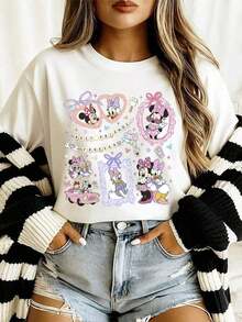 Including Disney Fashion Prints, Summer T-Shirts, Disney Character Collage Prints, Suitable For Daily Wear, Easy To Wear In Summer, Micro-Elastic, Soft Round Neck Casual Daily Tops, Including Disney Fashion Prints, Round Neck Summer Sweatshirts, For Both Men And Women, Holiday Gifts. - 白色 - 查看 1