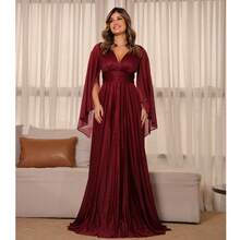 Luxury Long Dress With Flowing Sleeves And Deep Neckline – Timeless Elegance And Sparkle For Parties* - Color caoba - Ver 7