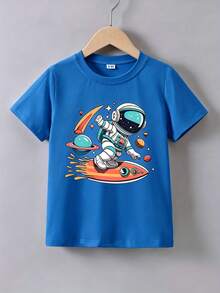 Top de manga corta sencillo, informal y bonito con estampado para niños, ideal para el verano. - Azul - Ver 6