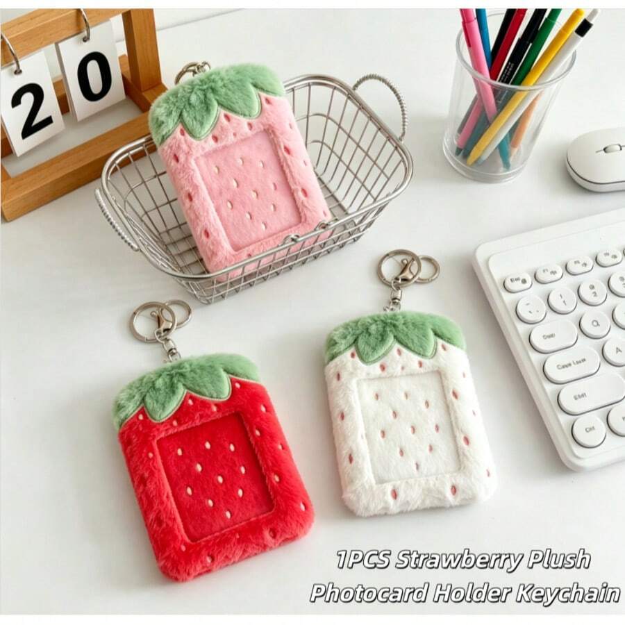 1pc Strawberry Plush Photo Card Holder Keychain, Soft Fluffy 3-Inch Idol Photo Card Holder, Cute Aesthetic Photo Card Display Storage Bag Pendant, Suitable For Fans - Multicolor - View 1