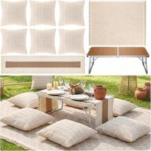 9 Pcs Extra Large Outdoor Boho Picnic Set 91" X 71" Woven Cotton Blanket Folding Camping Table Beige Table Runner And 6 Throw Pillows With Inserts For Garden Beach Wedding Camping - 9 - 查看 9