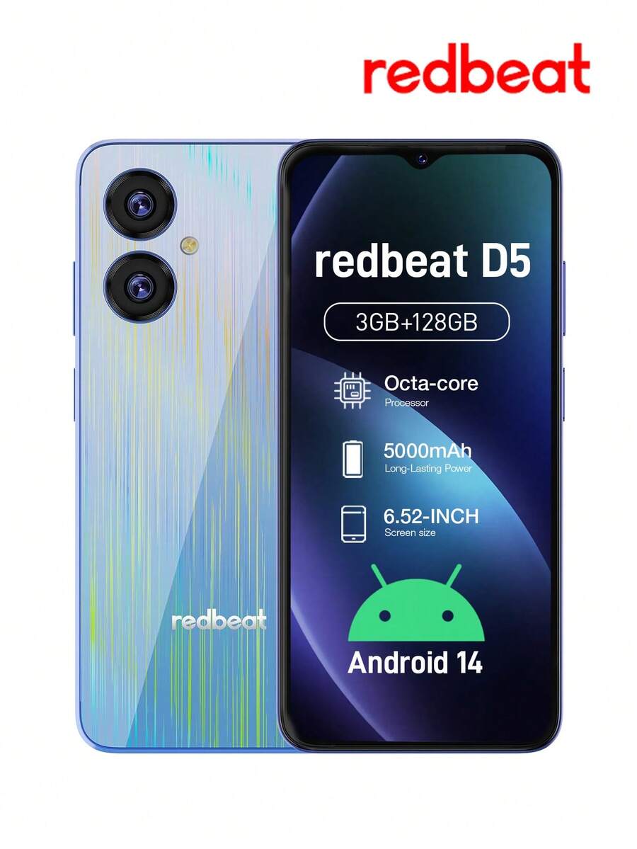 Redbeat D5 Unlocked Smartphone, 6GB RAM 128GB ROM, 6.52" HD+ Display, 5000mAh Battery, Android 14, Dual 4G SIM, 13MP+5MP Dual Camera, Octa-Core Processor, 5GHz WiFi, Bluetooth 5.0