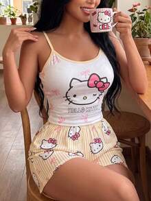 SANRIO Hello Kitty图案女士睡衣套装（2件套），柔软吊带背心和短裤，舒适休闲家居服 - 黃色 - 查看 4