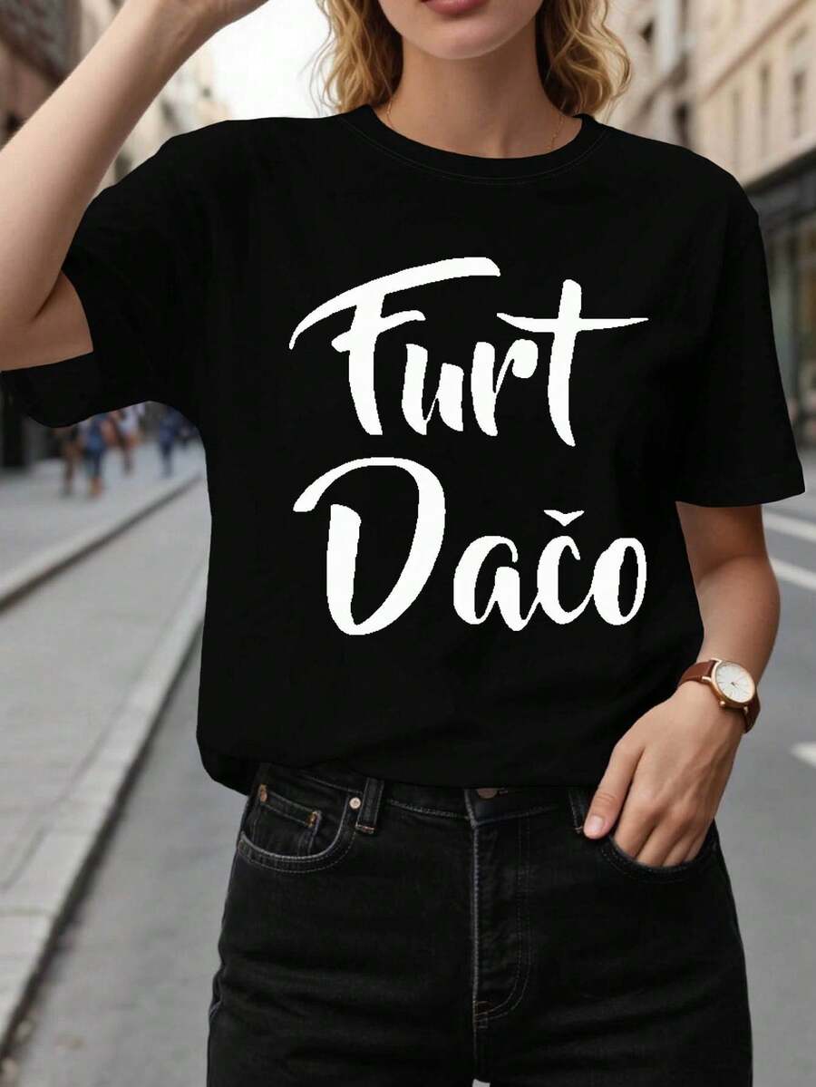 Checo Furt Daco Slogan Letter Print T - Women's Spring/Summer Short-Sleeved Crew Neck T-Shirt - Casual Everyday Wear, Holiday Gift - 黑色 - 查看 1