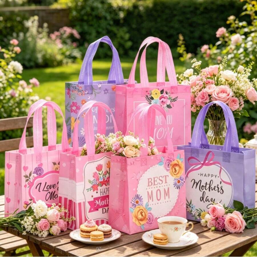 6 piezas Bolsas de regalo del Día de la Madre con estampado, bolsas de caramelos para fiestas, bolsas de tela no tejida laminada, diseño elegante, material duradero, adecuado para bodas, fiestas de cumpleaños, panaderías, vuelta al colegio, suministros de invierno, Acción de Gracias, Navidad, Día Nacional de Arabia Saudita, cumpleaños, festivales, Año Nuevo, Día de San Valentín y otras festividades - A - Ver 1