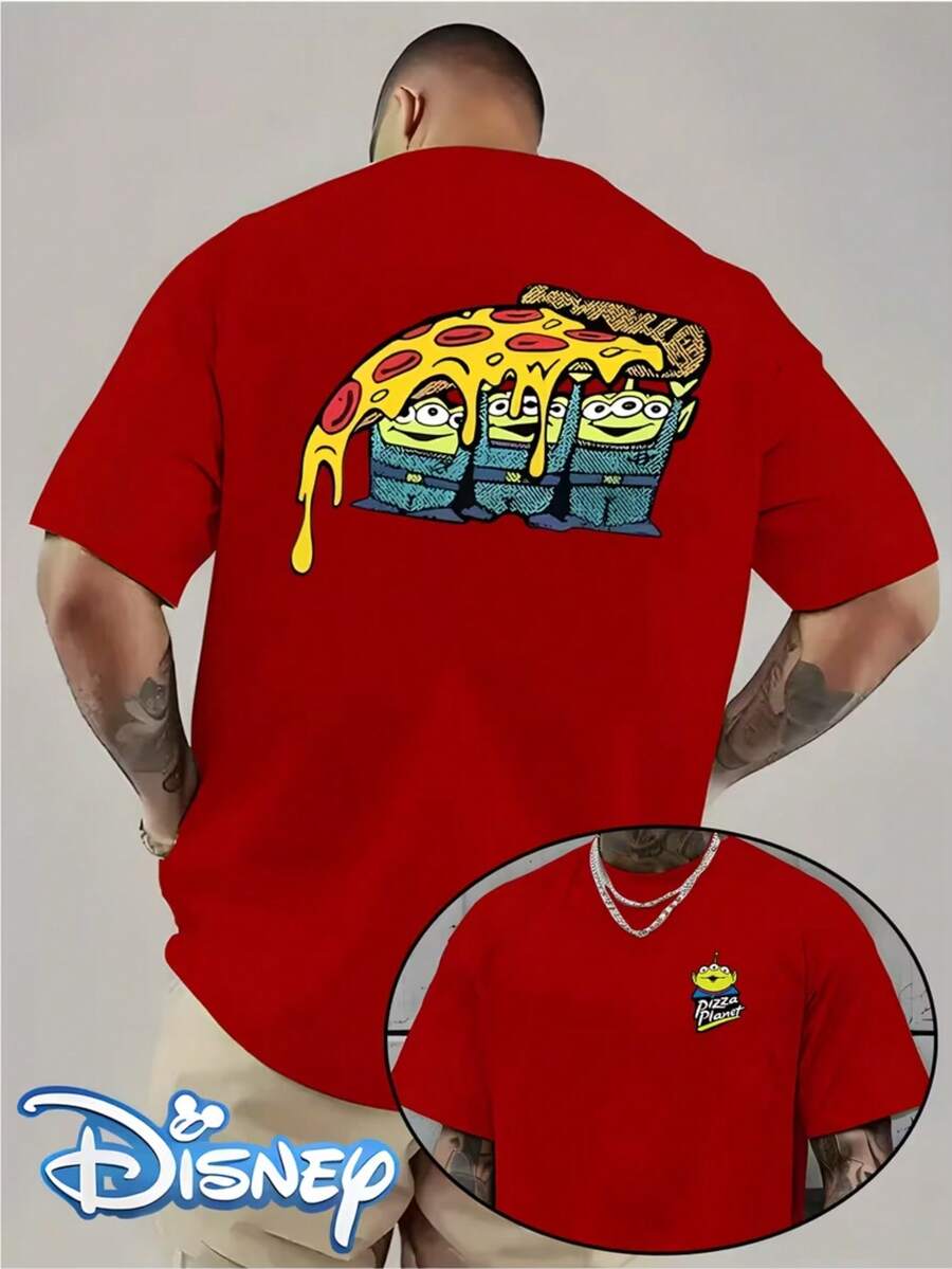 Disney Authorized, Toy Story Alien Pizza Battle Pattern Printing, Men's Short-Sleeved T-Shirt, Round Neck Design, Machine Washable, Comfortable And Casual Wear, Men's T-Shirt. - Red - View 1