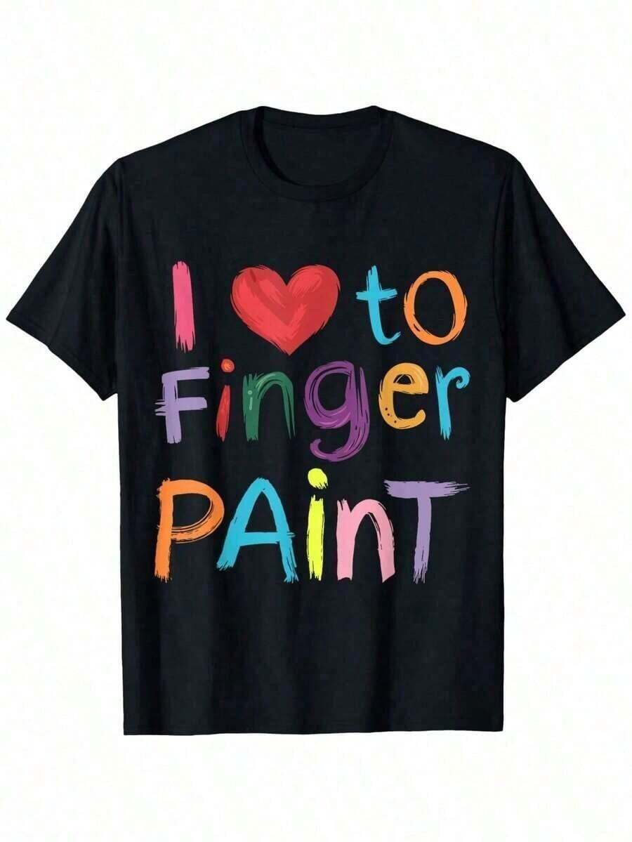 I Heart Love To Finger Paint I'Paint Cute Couple Valentine-Shirt, Single-Sided Printed Round Neck Short Sleeve Washable, , Men, Women, Dad, Mom, Friends, S-, Black, Valentine, Couple Matching, Printed Tshirt - 黑色 - 查看 1