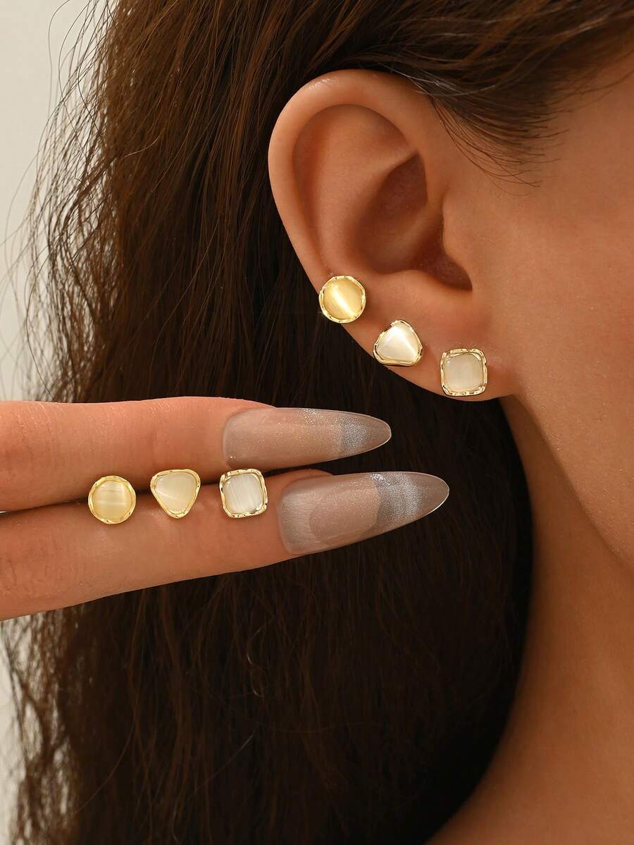 3 pares de pendientes de lujo elegantes con diseño geométrico de ojo de gato para mujer, adecuados para uso diario - multicolor - Ver 1