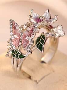 3D Butterfly Flower Ring, Colorful Glass Inlaid Synthetic Cubic Zirconia, Holiday Ring For Women - Silver - View 6