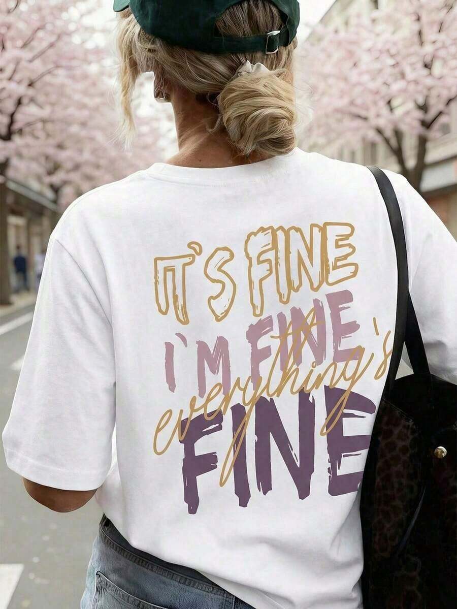 Women's T-Shirts 100% Cotton 2026 New Summer Collection, Minimalist Women's T-Shirt With "FINE" Print, Round Neck, Short Sleeve, Dark Gray, Versatile And Fashionable, Suitable For Women's Spring Casual Wear, Pink Hen Party - White - View 1