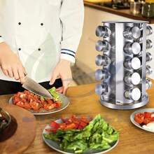 BREEZEE Especiero de Acero Inoxidable Giratorio 360º con 20 Frascos de Vidrio para Especias y Condimentos de Cocina Incluye Molino Doble Embudo Cucharas Medidoras Organizador de Alacena Gabinete - pago - Ver 7