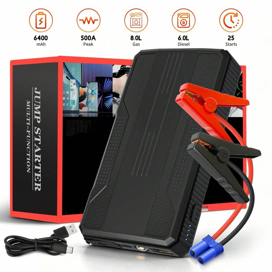 Portable 800A Peak Car Jump Starter, 12V Emergency Battery Booster W/ 6400mAh Power Bank Function, LED Flashlight/Strobe/SOS Light, USB & Type-C Charging Ports, Intelligent Protection Against Reverse Polarity/Short Circuit, Anti-Misoperation - Standard Wire Clip - Black - View 1