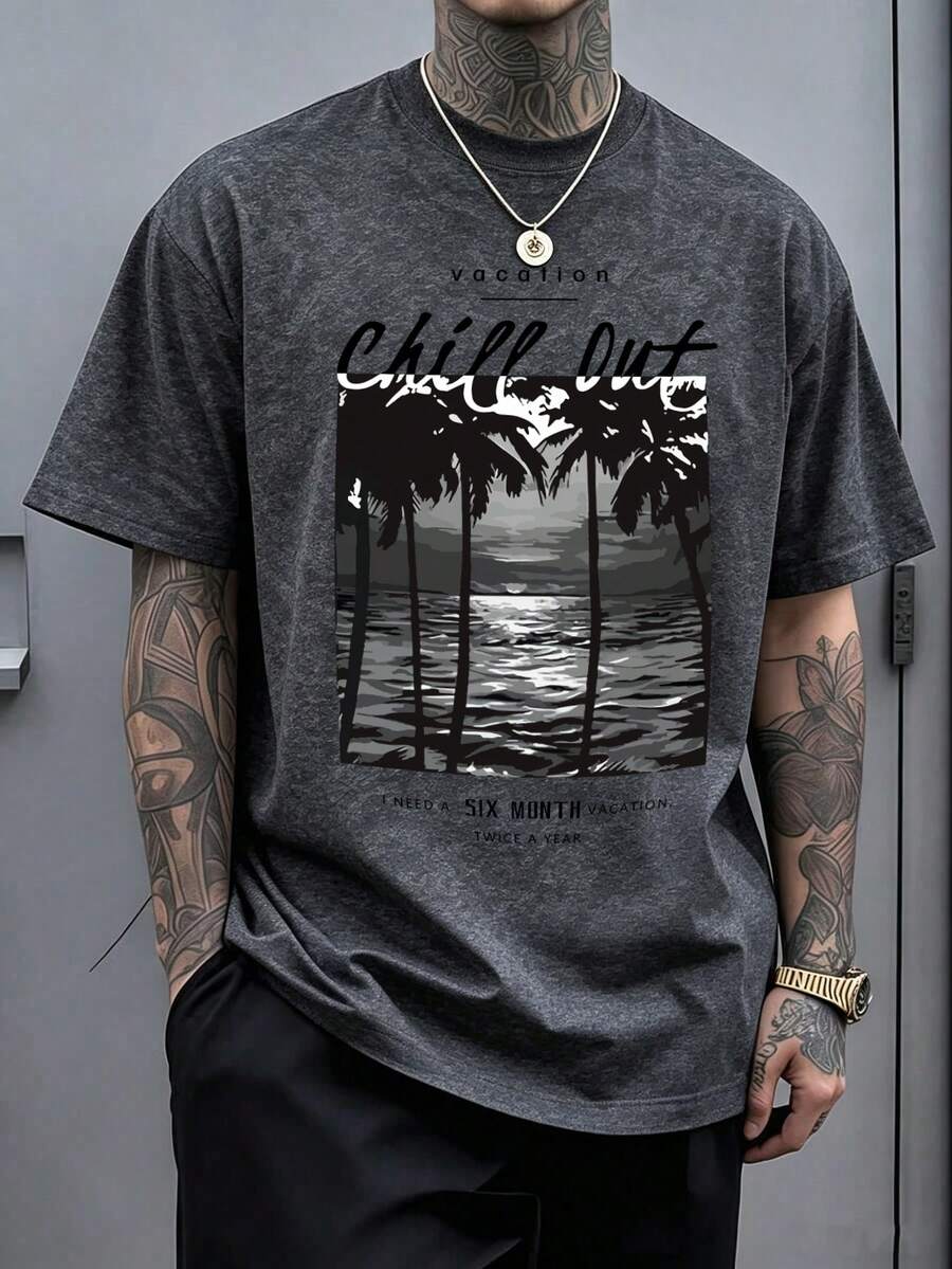 Men's Fashionable Casual Versatile Black & White Coconut Tree, Sunset, Snowflake Print Short Sleeve T-Shirt, Summer - Dark Grey - View 1