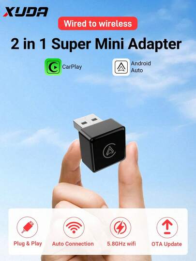  XUDA 2026 Yeni Süper Mini Kablosuz CarPlay Adaptörü 2'si 1 Arada Yapay Zeka Kutusu, Tak ve Çalıştır, %99 Orijinal Araçla Uyumlu, Kablolu CarPlay/Android Auto, 2.4~5.0 GHz WiFi5, Şık ve Taşınabilir