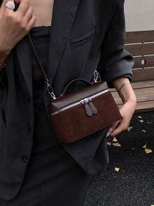 1件極簡復古正方形手提包，時尚適合女孩、女性、大學生和職場女性，完美適用於學校、工作和商務場合 - 咖啡 - 查看 5