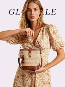 Túi xô dệt sọc cầu vồng phong cách Boho GLOBELLE, túi đeo chéo mùa hè lấy cảm hứng từ sợi raffia, tua rua hạt gỗ, lý tưởng cho kỳ nghỉ biển và sử dụng hàng ngày. - Màu Khaki - Xem 7