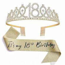 2pcs/Set Birthday Tiara Crown Sash Women 13th 16th 18th 21St 30Th 40Th 50Th 60Th 70Th 80Th Birthday Party Decoration Favor Gifts - View 9