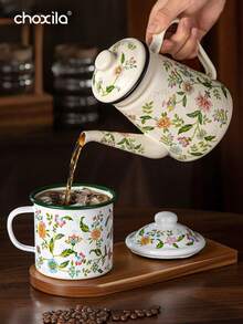 choxila 1pc Enamel Coffee Pot, Tea Pot,Floral Pattern Gooseneck Kettle, 1.2L Large Capacity, With Handle And Narrow Spout. It Can Be Used As An Oil Pot, Boiling Pot And Household Teapot, Suitable For Electric Stoves And Gas Stoves To Brew Coffee And Tea. - 1.2L Flower and Bird Enamel Kettle - View 4
