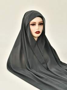 1pc Instant Hijab With Magnetic Clasp, Chiffon Scarf Combo With Jersey Knit Lining, 3-In-1 Instant Headscarf, Silky Soft Breathable Chiffon Fabric, Suitable For All Seasons - Solid Color - View 18