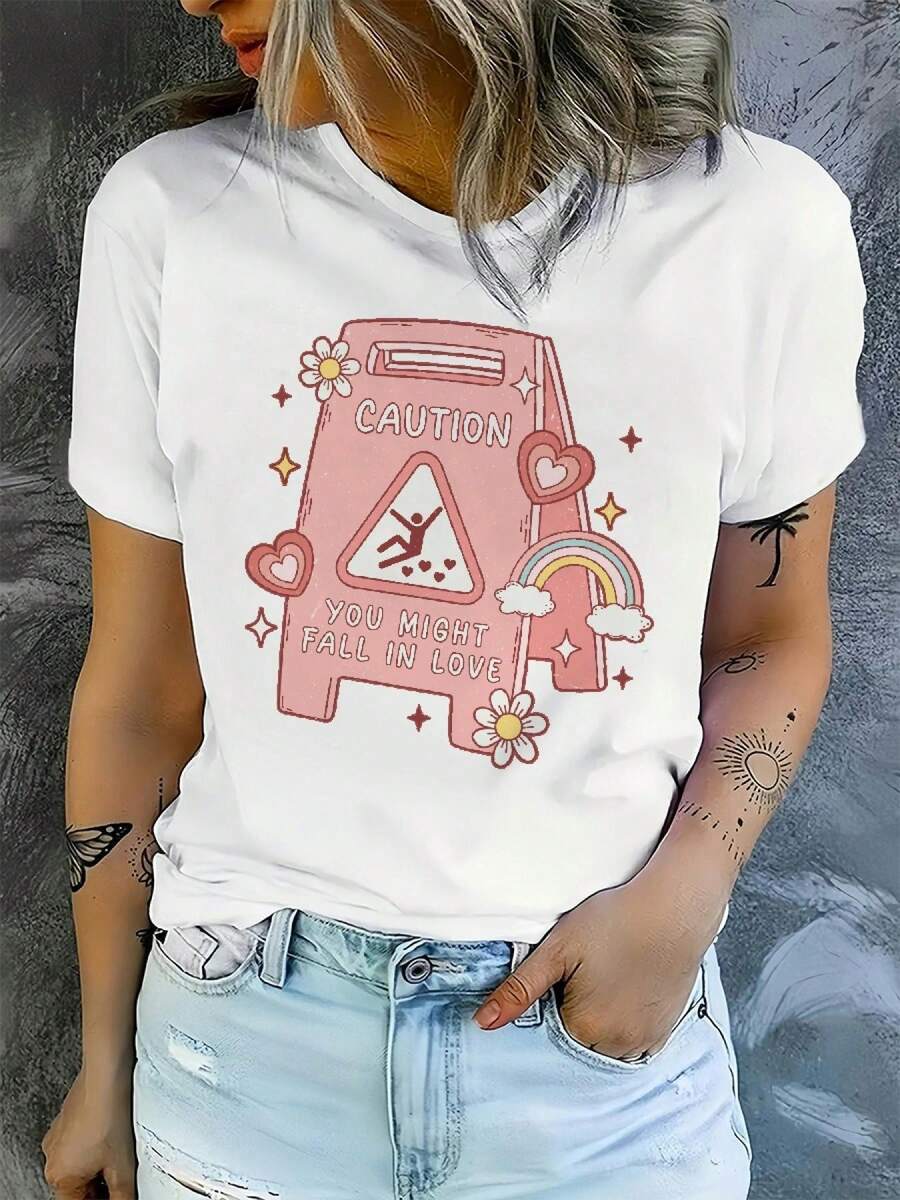ValentineDay 2D Flat Print WomenCasual Short-Sve T-Shirt | Cuello redondo, patrón floral, para primavera / verano / otoño, longitud regular, estilo casual, plano 2D