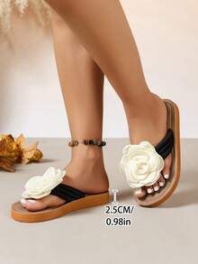 Women's White 3D Flower Decor Thick Sole Flip Flops, Casual Non-Slip Summer Convenient Sandals, Vacation Beach Wedge Shoes, Shoes - Chocolate Brown - View 4
