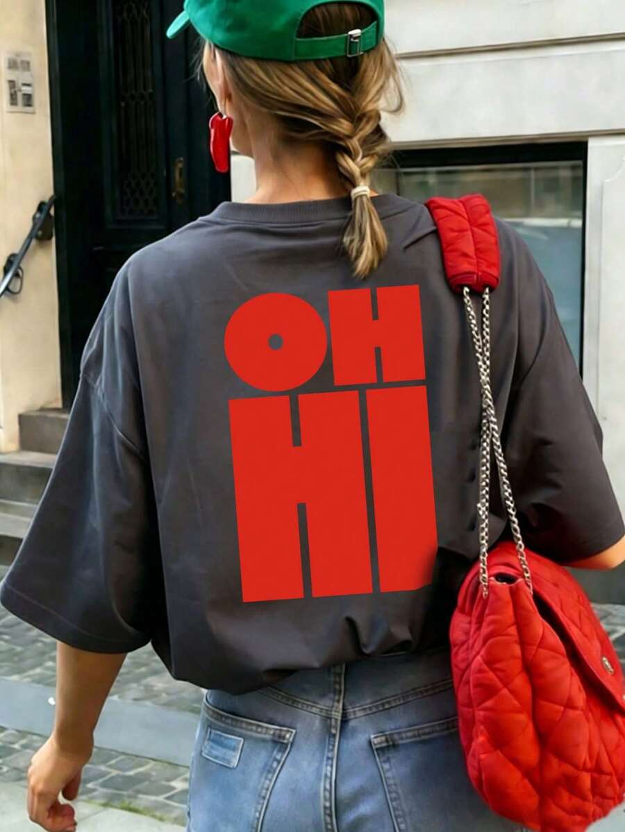 紅色 OHHI 字母印花圓領短袖 T 恤 女款 新款簡約可愛休閒度假風 寬鬆修身針織面料 - 深灰色 - 查看 1