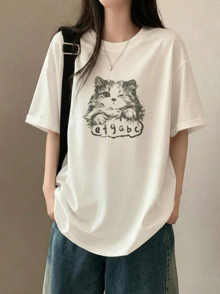 Camiseta casual de manga corta con estampado de gato, corte holgado, versátil, blanca para primavera/verano, 100% algodón. - Blanco - Ver 1