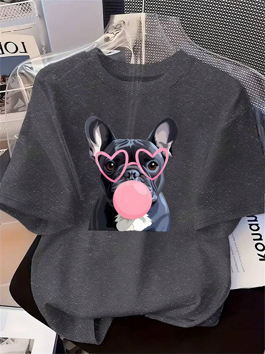 Plus Size, Women's Summer New Arrival T-Shirt With Short Sleeves, Featuring A Cartoon Print Of A -Gray French Bulldog Wearing Pink Heart-Shaped - 深灰色 - 查看 1