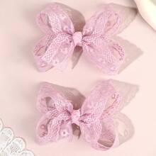 2pcs Pink Lace Hair Bows For Girls Floral Mesh Bowknot Hair Barrettes Cute Flower Bow Hair Clips Elegant Bow Alligator Clips For Daily Party & Holiday Teens Hair Accessories - Pink - View 11
