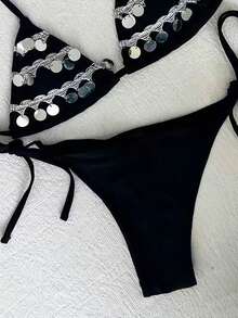 Conjunto de bikini sexy de unicolor para mujer con decoración de colgante de lentejuelas redondas y tirantes para los hombros, ideal para vacaciones de verano en la playa - Negro - Ver 8