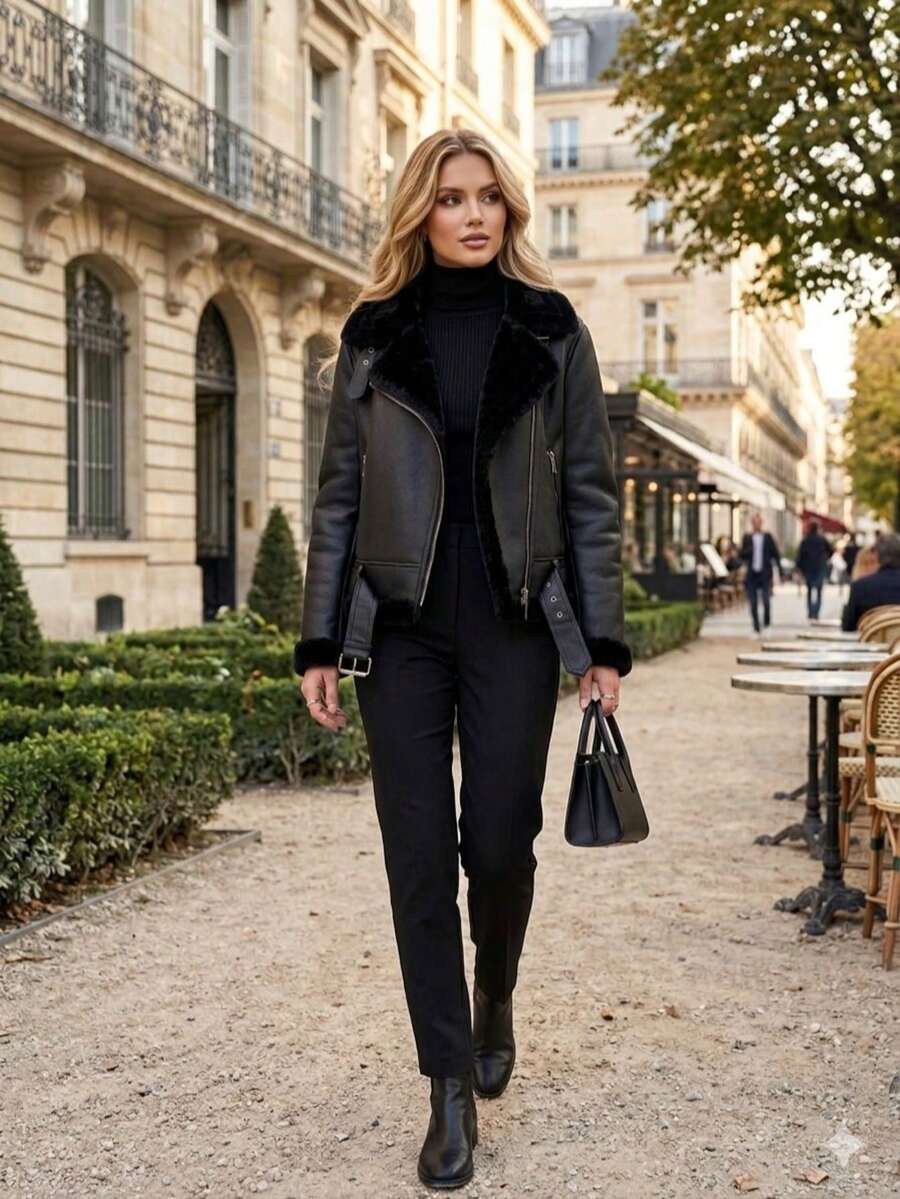 Black Plush-Lined Zippered Jacket, Warm Faux Leather Aviator Jacket, Winter 2026, Stylish Furry Coat - 黑色 - 查看 1