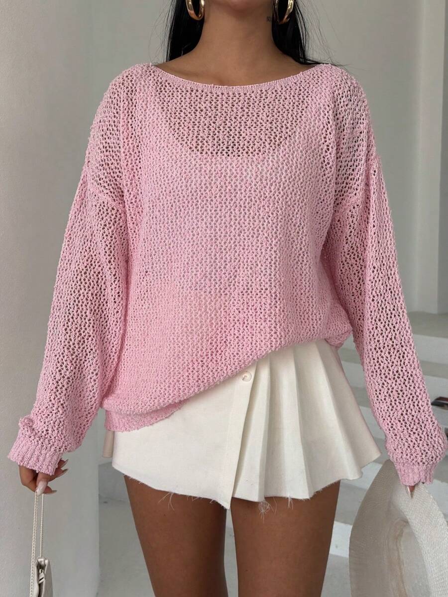 Blusa de manga dolman de cuello redondo de unicolor para vacaciones - Rosa - Ver 1