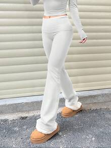 Quần ống loe cạp rộng màu trơn dành cho nữ, quần legging xếp ly cạp cao ôm sát màu trắng mùa xuân - trắng - Xem 5
