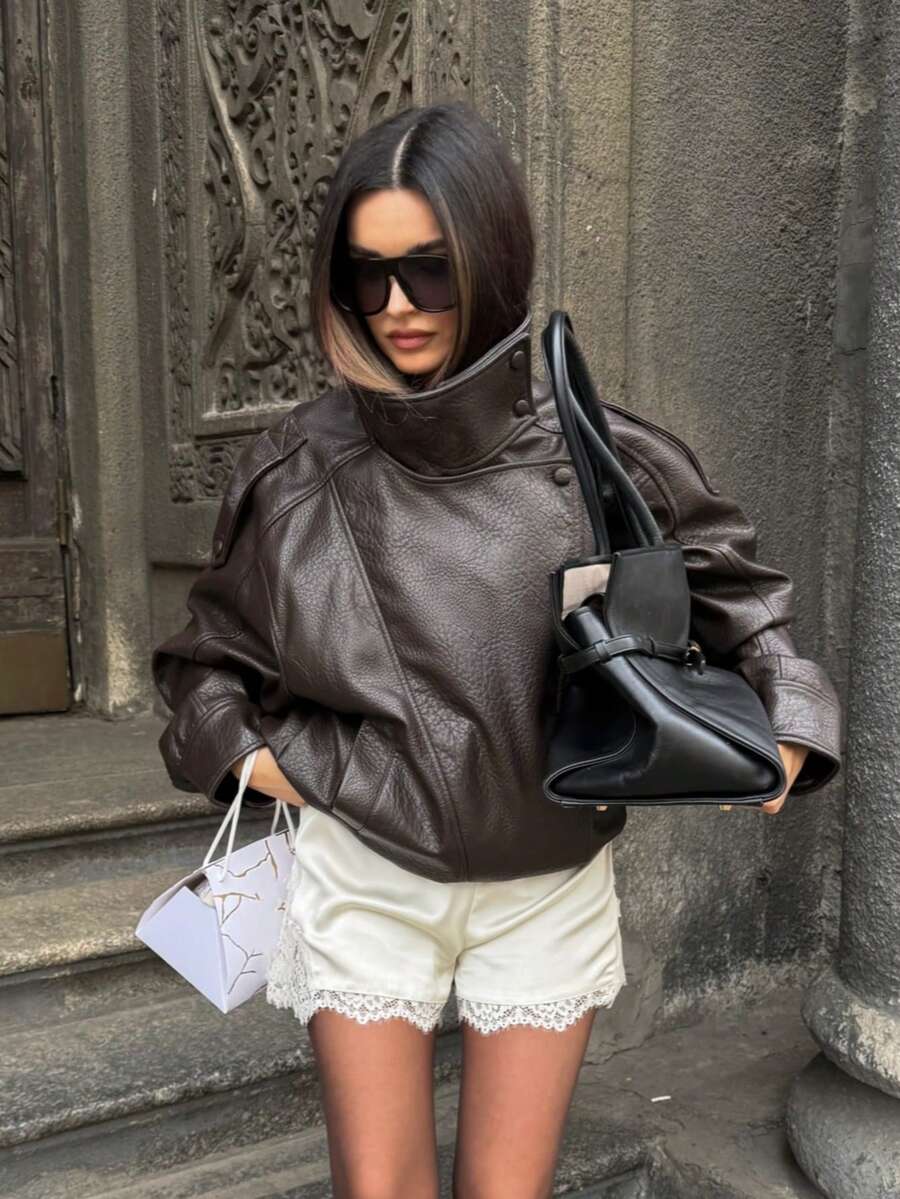 Vintage Oversized High Neck Faux Leather Women's Jacket, Asymmetrical Button Long Sleeve PU Leather Biker Jacket, Casual Street Style Autumn/Winter Outerwear - Brown - View 1