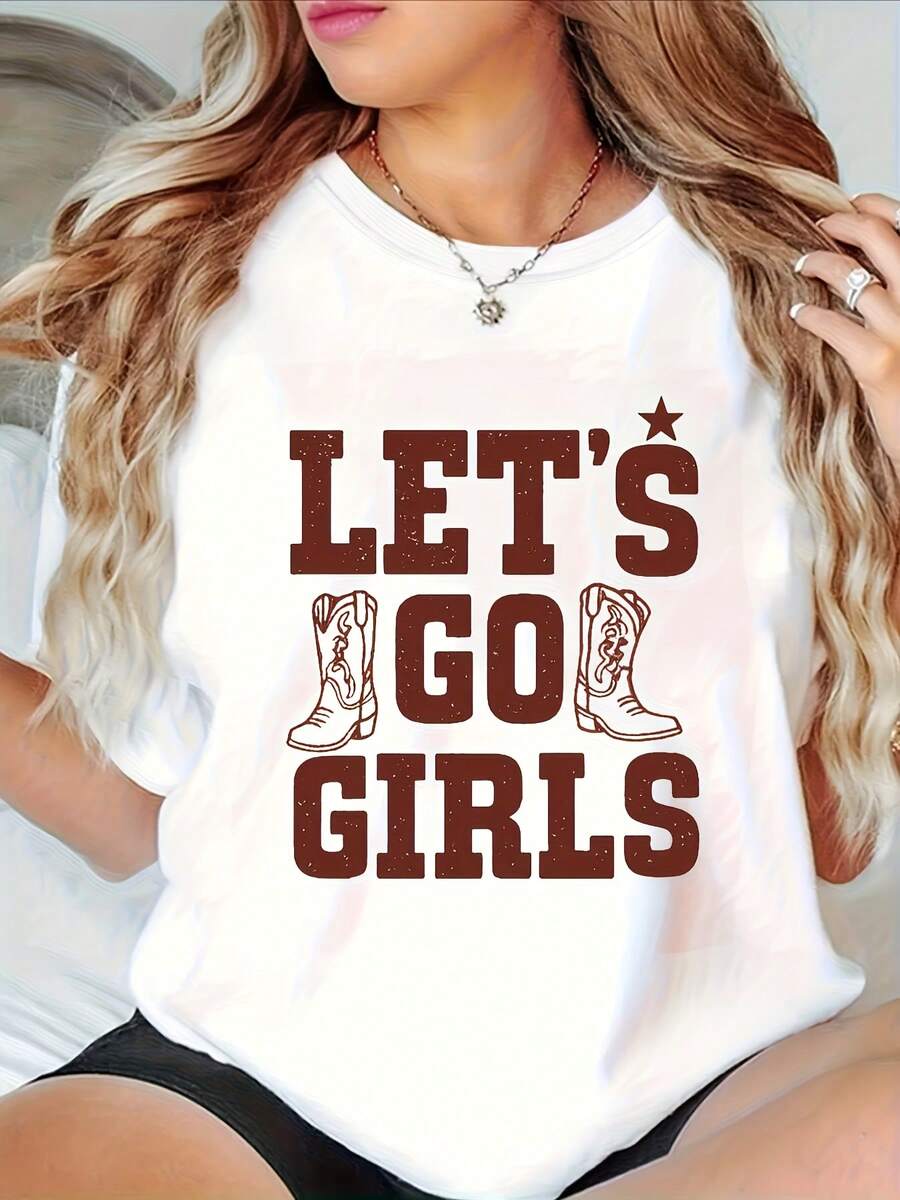 - Camiseta para mujeres con un diseño de vaquero occidental - Let's GO & Cowboy Boo Print, Short-Sve cuello redondo Top casual con letras occidentales, White Short-Sve cuello redondo impreso camiseta, estilo relajado, ajuste cómodo