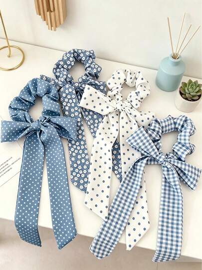 4PCS/8PCS:Brimming With A Summery Vibe! A Blue Checkered Bow Headband With Polka Dots, A Scarf Headband Featuring French Prints, And An Adorable Ponytail Holder
