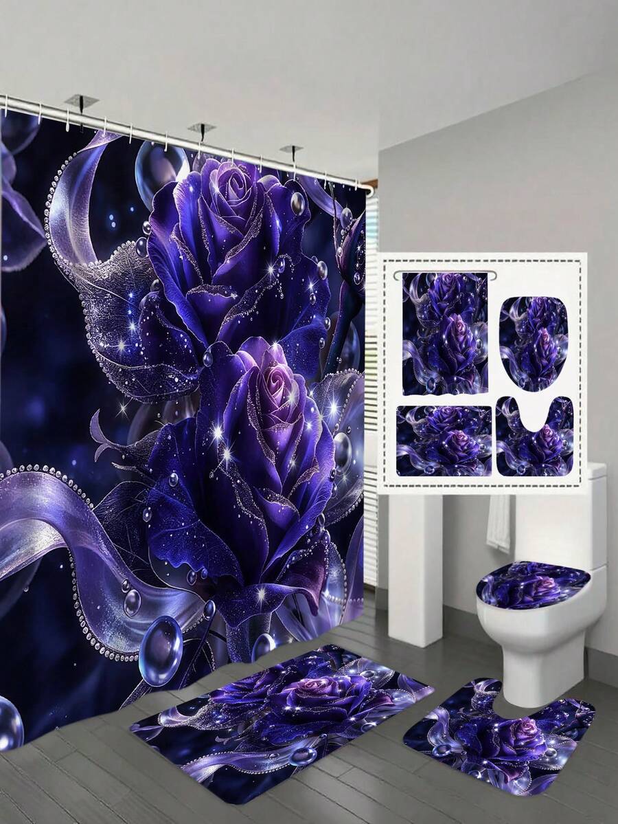 1/4件套玫瑰花浴帘套装，花卉图案浴室套装，防水涤纶浴帘，防滑浴室地垫，女士浪漫浴室装饰，紫色