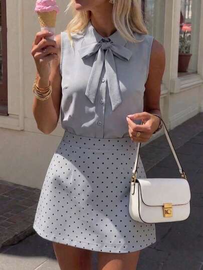Damen Ärmellose Hemdkragen Bluse + Polka Dot Schleife Vorne Schlitz Rock 2-teiliges Set, Nicht-Stretch Stoff Casual Stil Sommer