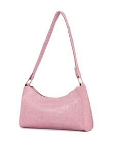 Crocodile Embossed Single Zip Bag - Baby Pink - View 1