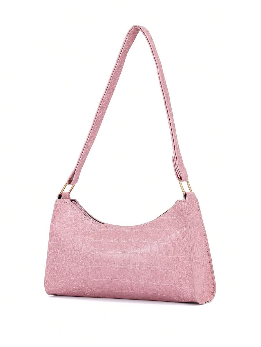 Crocodile Embossed Single Zip Bag - Baby Pink - View 1