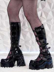 Y2k Style Women's Knee High Boot Solid Color  Buckle Round Toe Punk Motorcycle Nightclub Cosplay Shoes - 黑色 - 查看 9