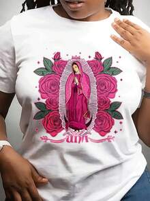 Camiseta casual de moda cuello redondo de la mujer del día de la madre | Corto Sved, tejido estirable ligero, patrón geométrico, yo para Dailpor y dar a amigos y familia - Blanco - Ver 2